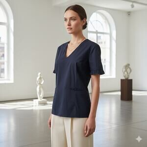 MARNI Winter Edition 2012 Navy Blue V-Neck Top Blouse Ruffle Sleeve Cotton Sz S